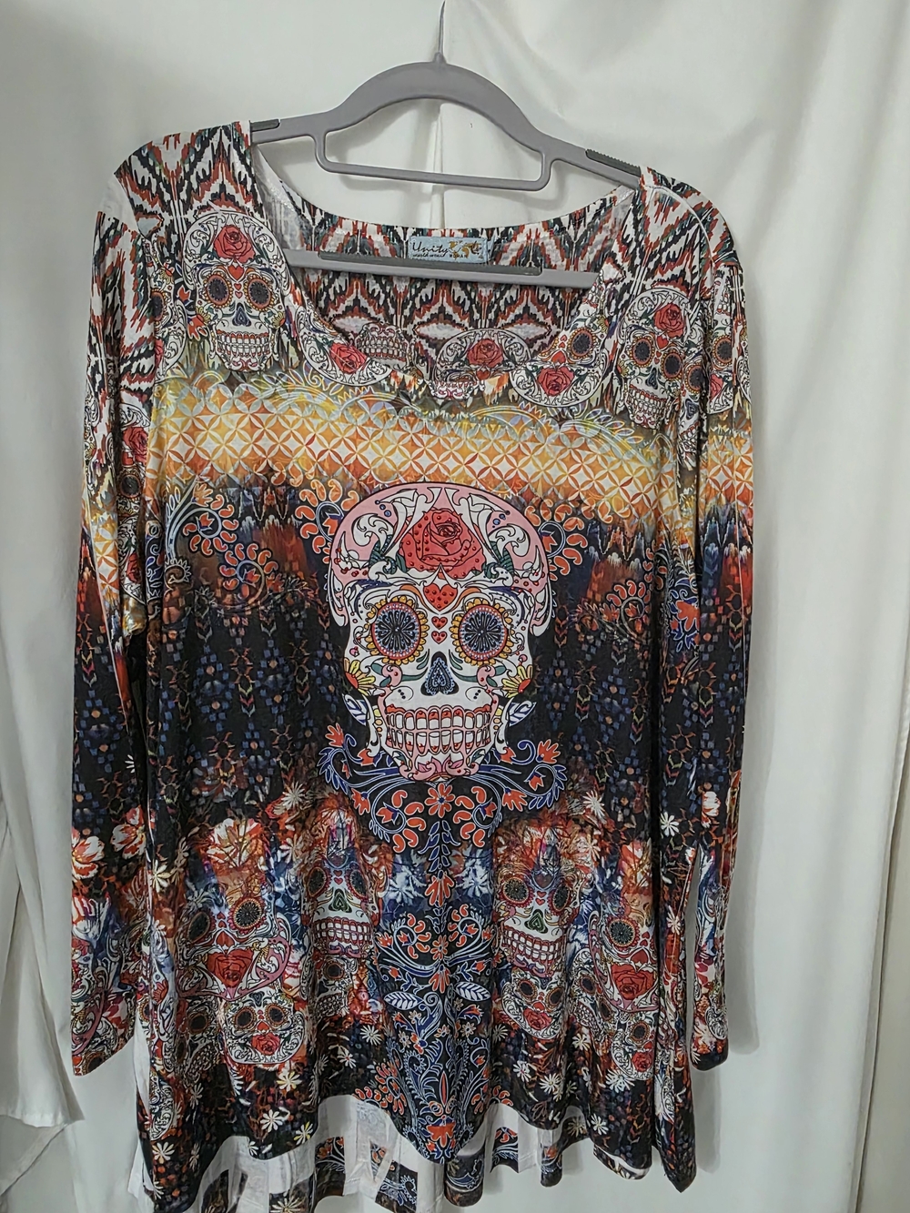 Colorful Sugar Skull Long Sleeve Women's Top 2x